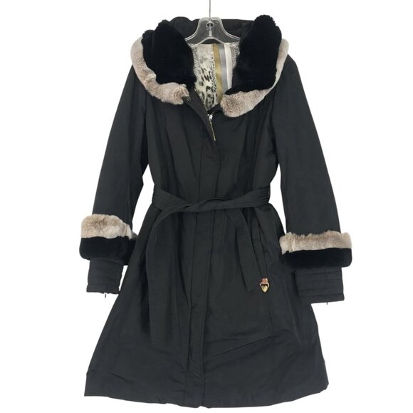 Martylo Coat Jacket Womens Size 6 US 40 Real Fur Trim Tie Waist Black Ladies - Picture 1 of 15